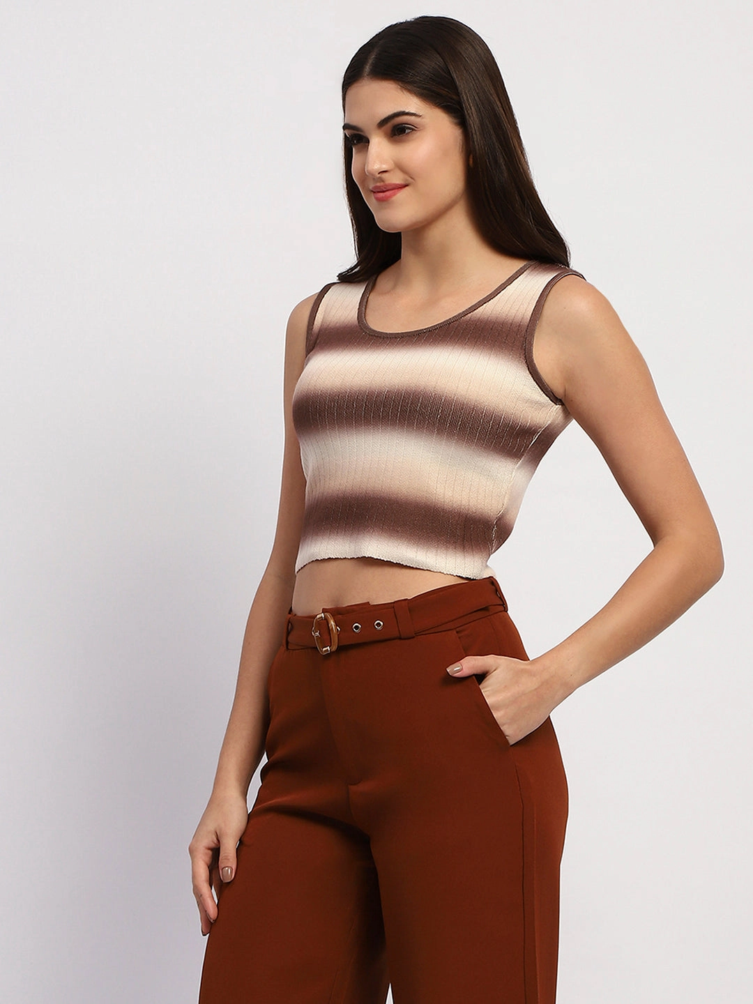 Knitted Warmth Madame Striped Sleeveless Cotton Brown Crop Sweater