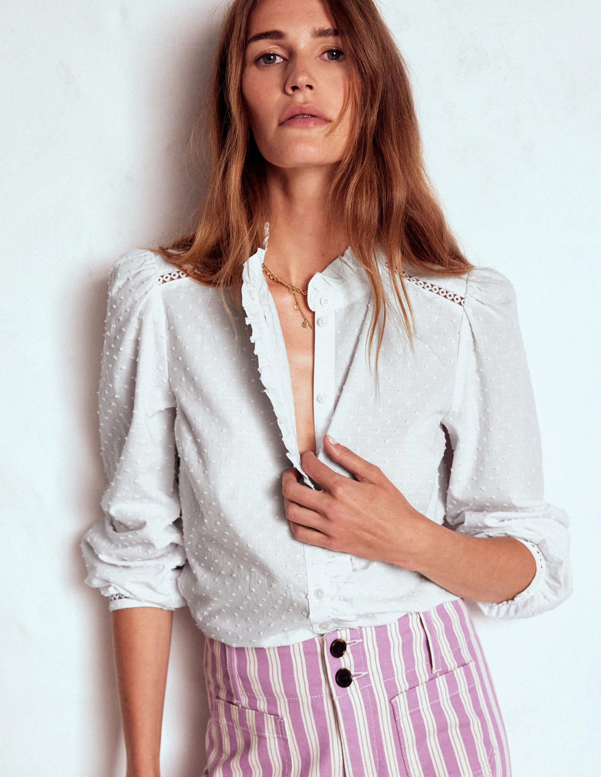 Sweat Absorbing Lining Helena Cotton Dobby Top-White