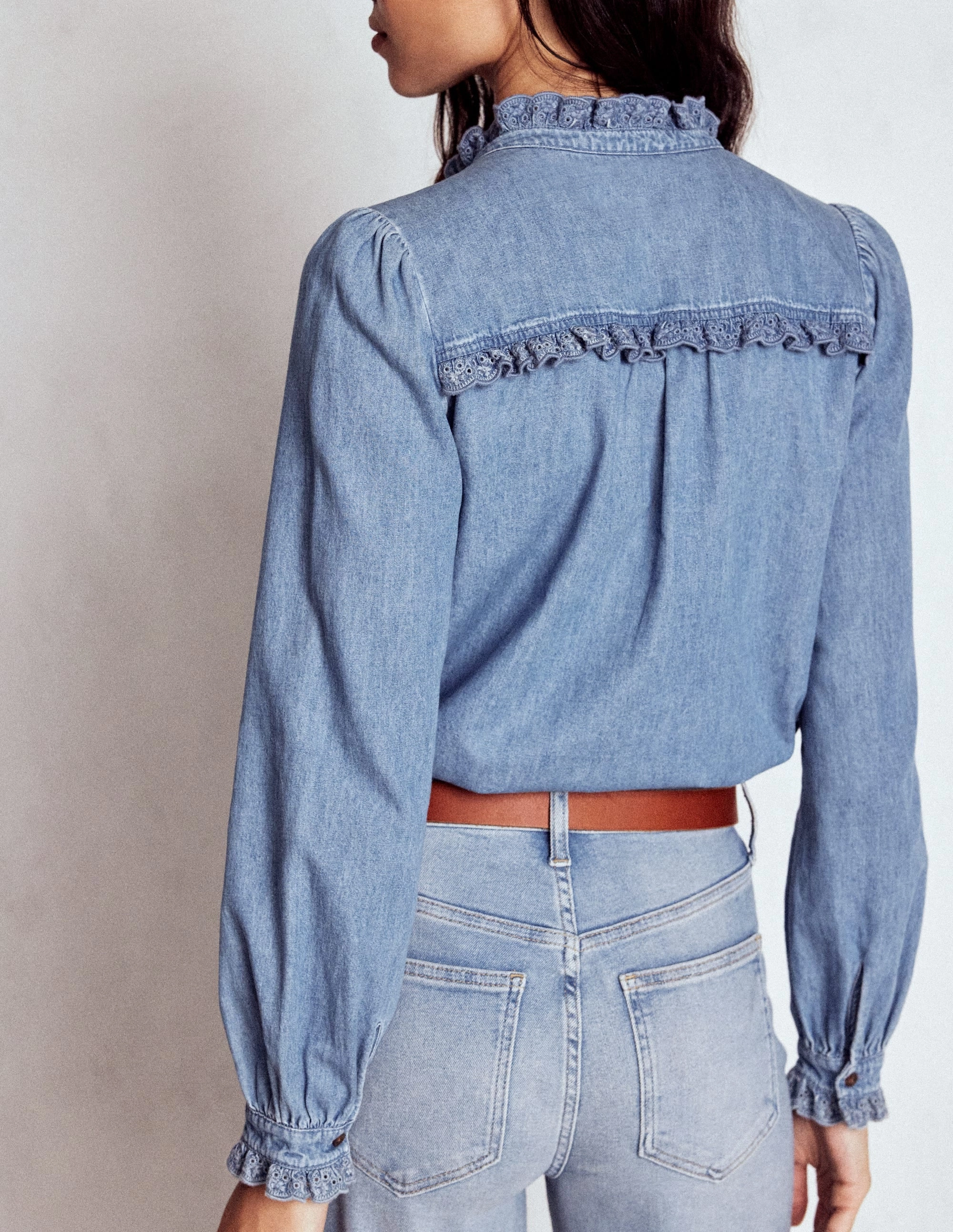 Helena Denim Ruffle Neck Top-Light Authentic Warm Fabric