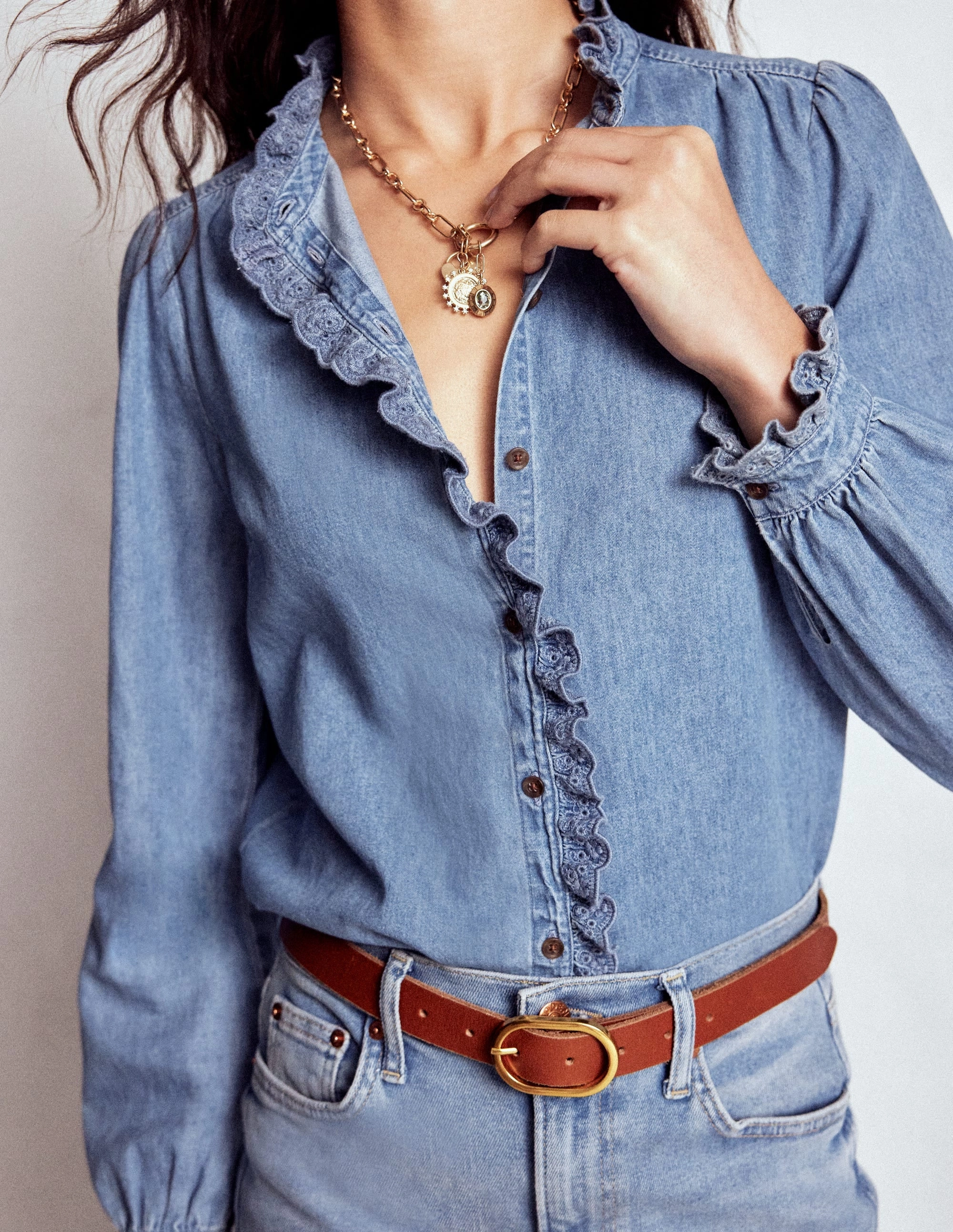 Helena Denim Ruffle Neck Top-Light Authentic Snag Proof Weave Ribbed Trim