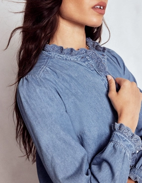 Helena Denim Ruffle Neck Top-Light Authentic UltraSoft Lining Soft Touch Blend