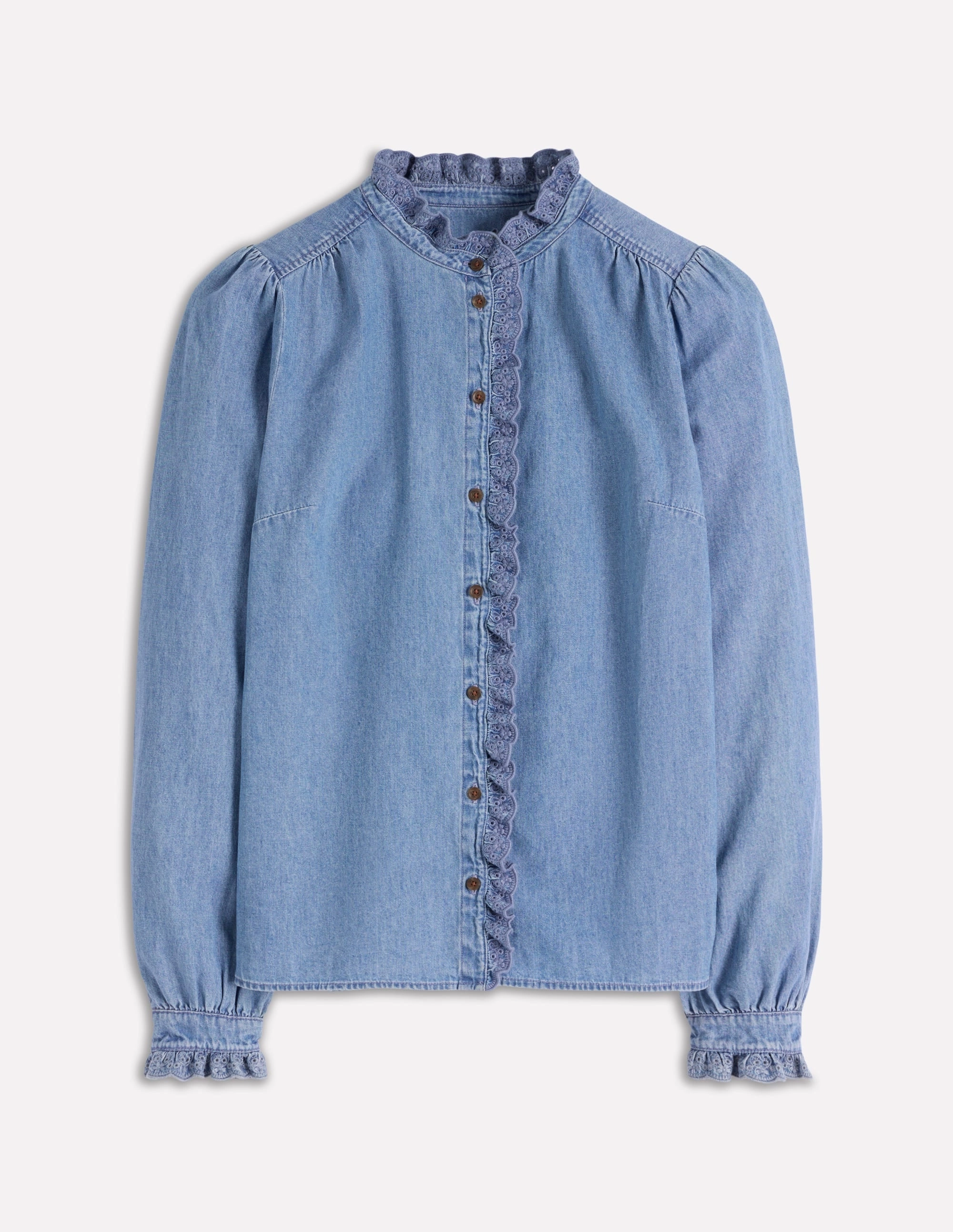 Ethically Sourced Material Helena Denim Ruffle Neck Top-Light Authentic