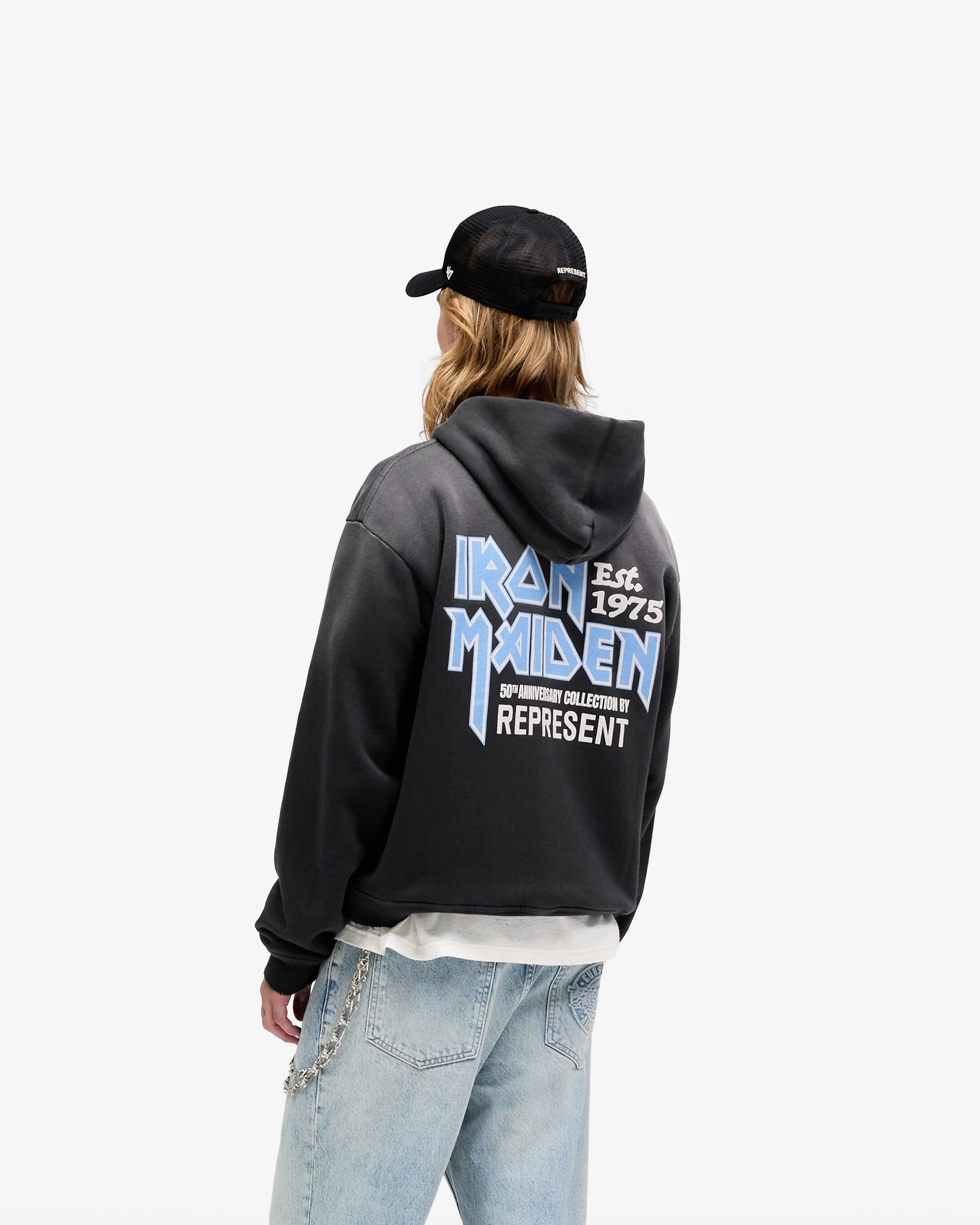 Represent X Iron Maiden Anniversary Zip Through Hoodie - Stained Black bike ride