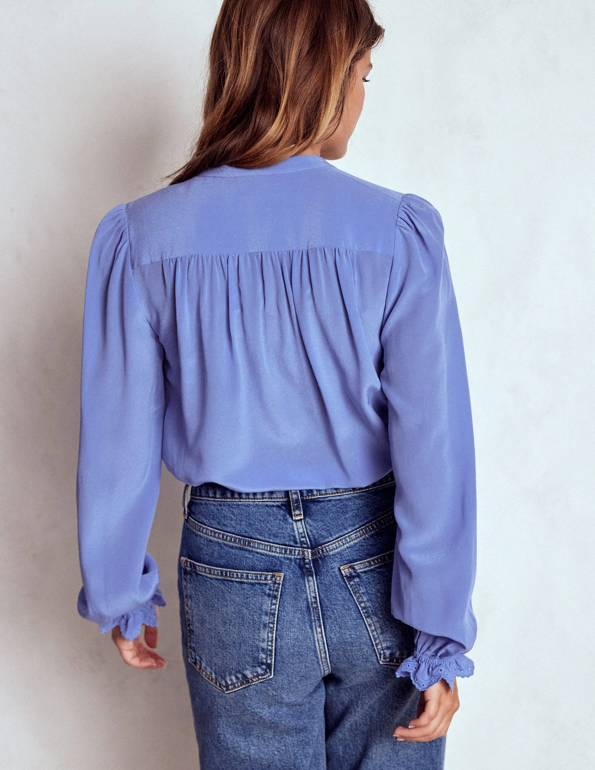 Alice Frill Front Silk Top-Soft Blue Broderie Flexible Ribbed Cuffs