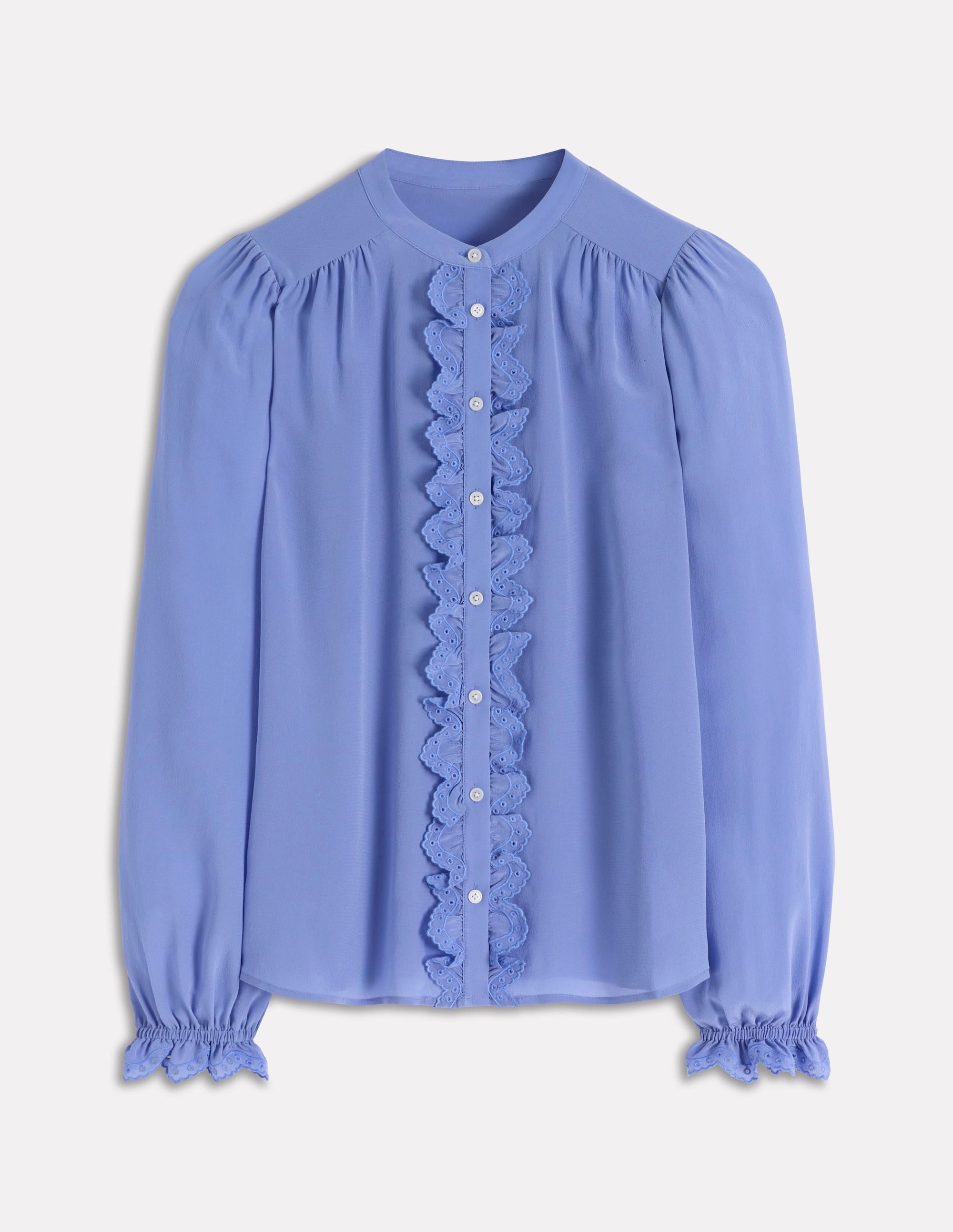 LightweightMaterial Odor Neutralizing Technology Alice Frill Front Silk Top-Soft Blue Broderie