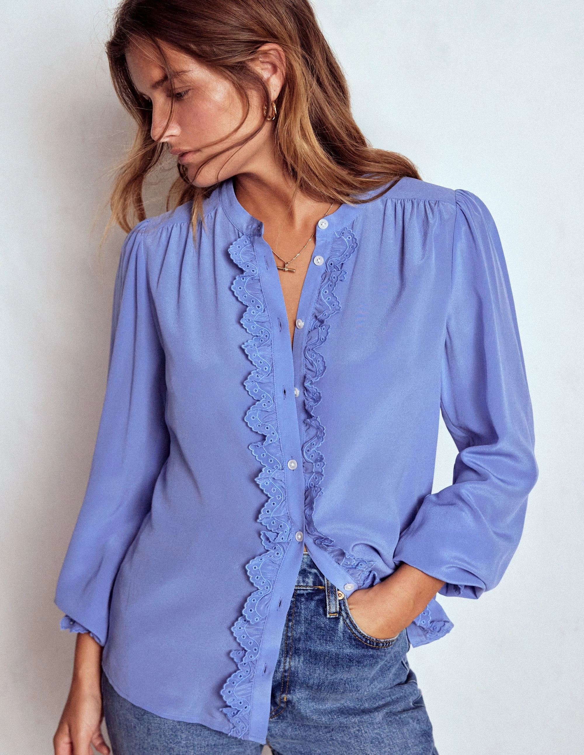 Alice Frill Front Silk Top-Soft Blue Broderie Breathable Mesh Back GarmentDyed