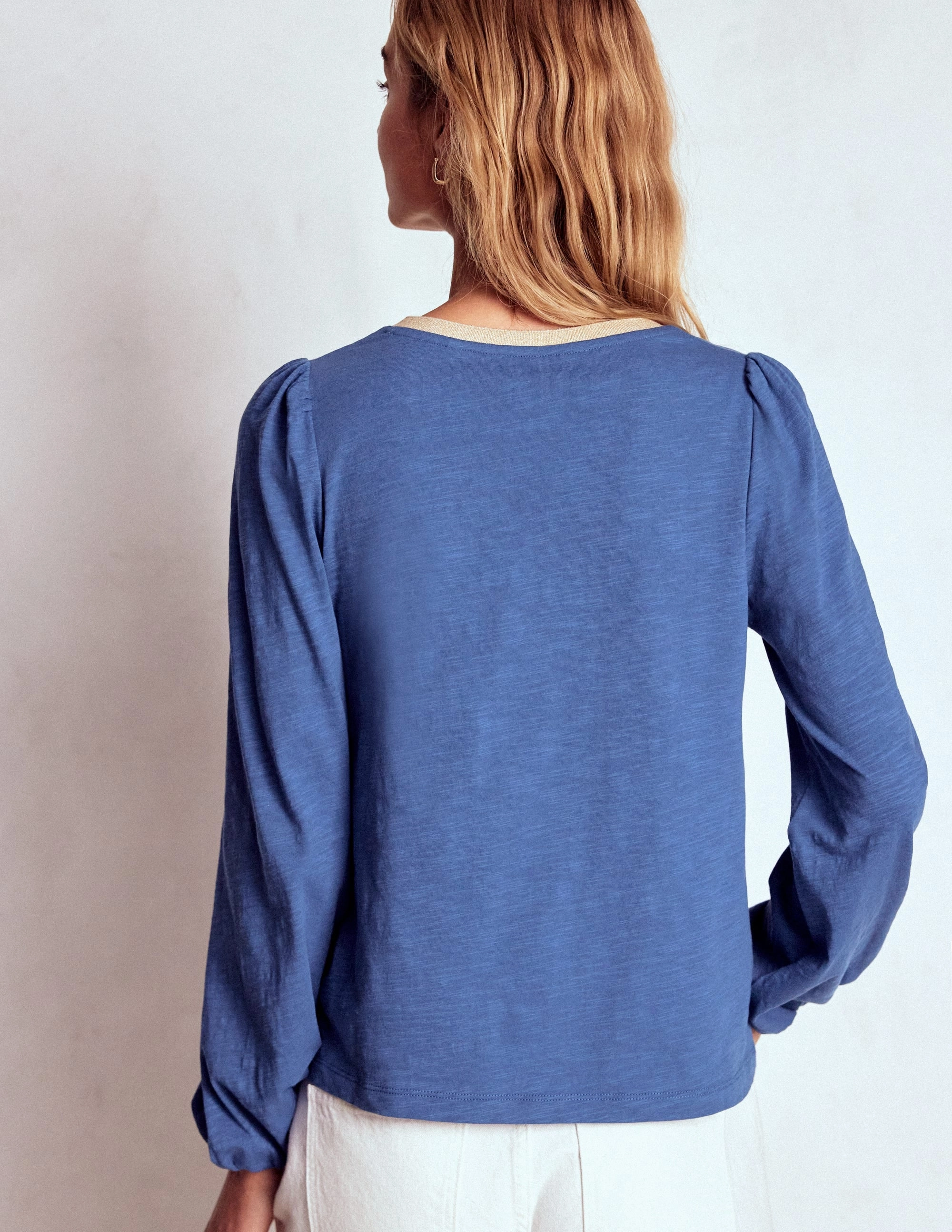Winter Fashion Metallic Trim Long Sleeve Top-True Navy