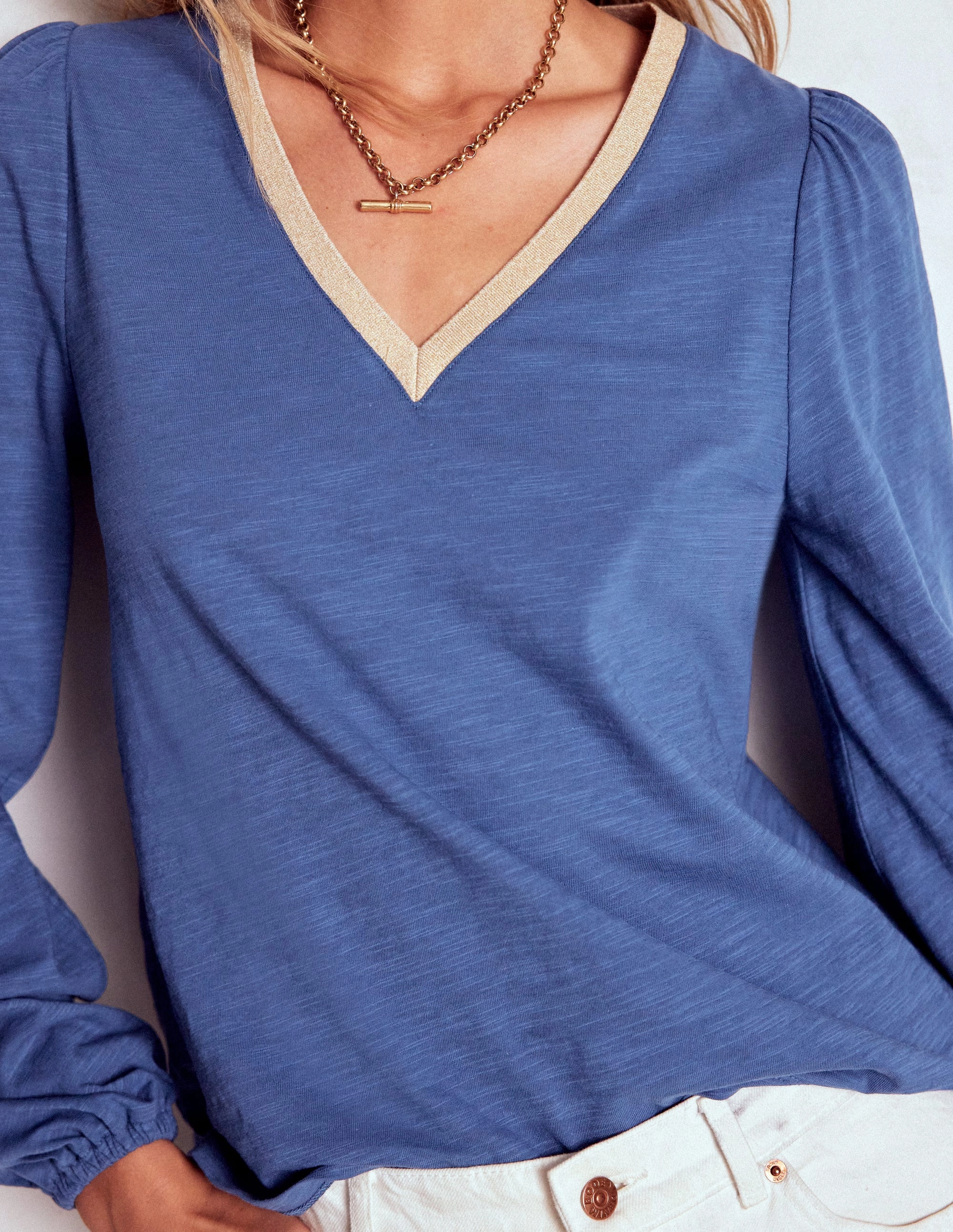 Metallic Trim Long Sleeve Top-True Navy Breathable Microfiber TearResistant