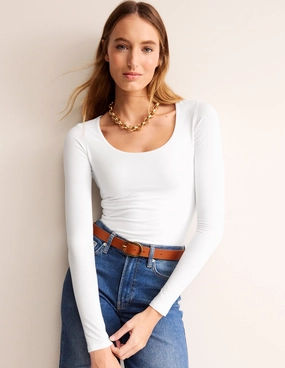 Double Layer Scoop Long Sleeve-White AntiPillingTechnology Stretch Blouse
