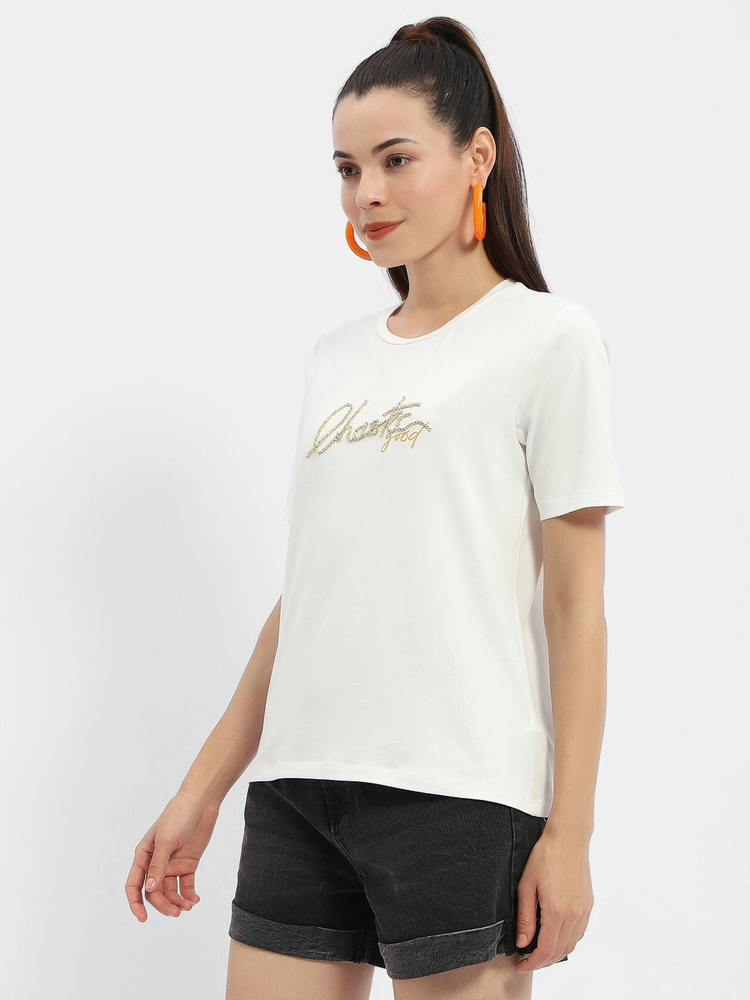 Madame Typography White Crew Neck T-Shirt Layer Ready Long Lasting Color