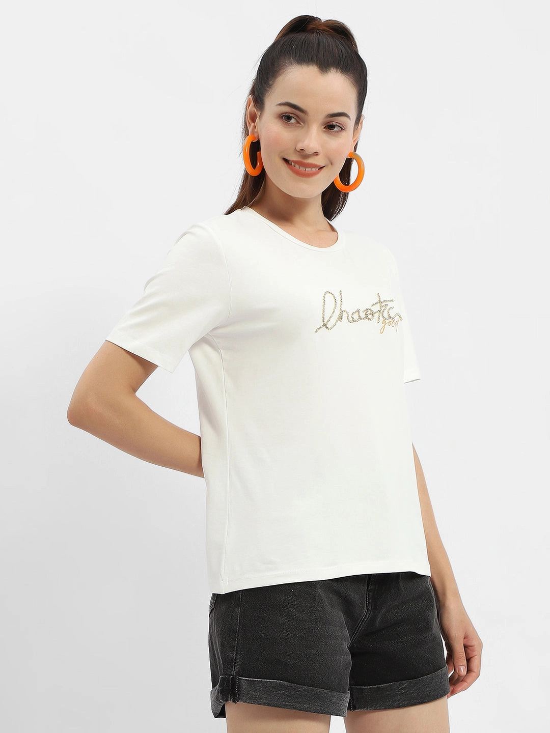 Madame Typography White Crew Neck T-Shirt Office Casual