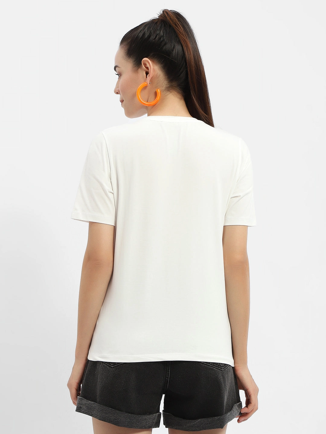 City Smart Look Raw Hem Finish Madame Typography White Crew Neck T-Shirt