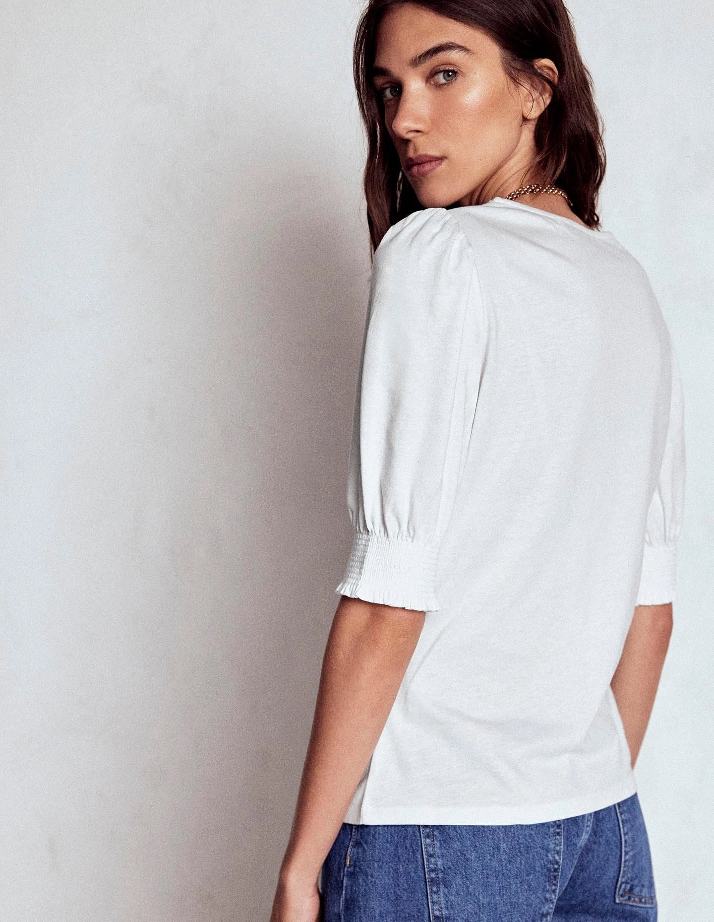 Short Sleeve Smocked Cuff Top-White WaterRepellent Finish