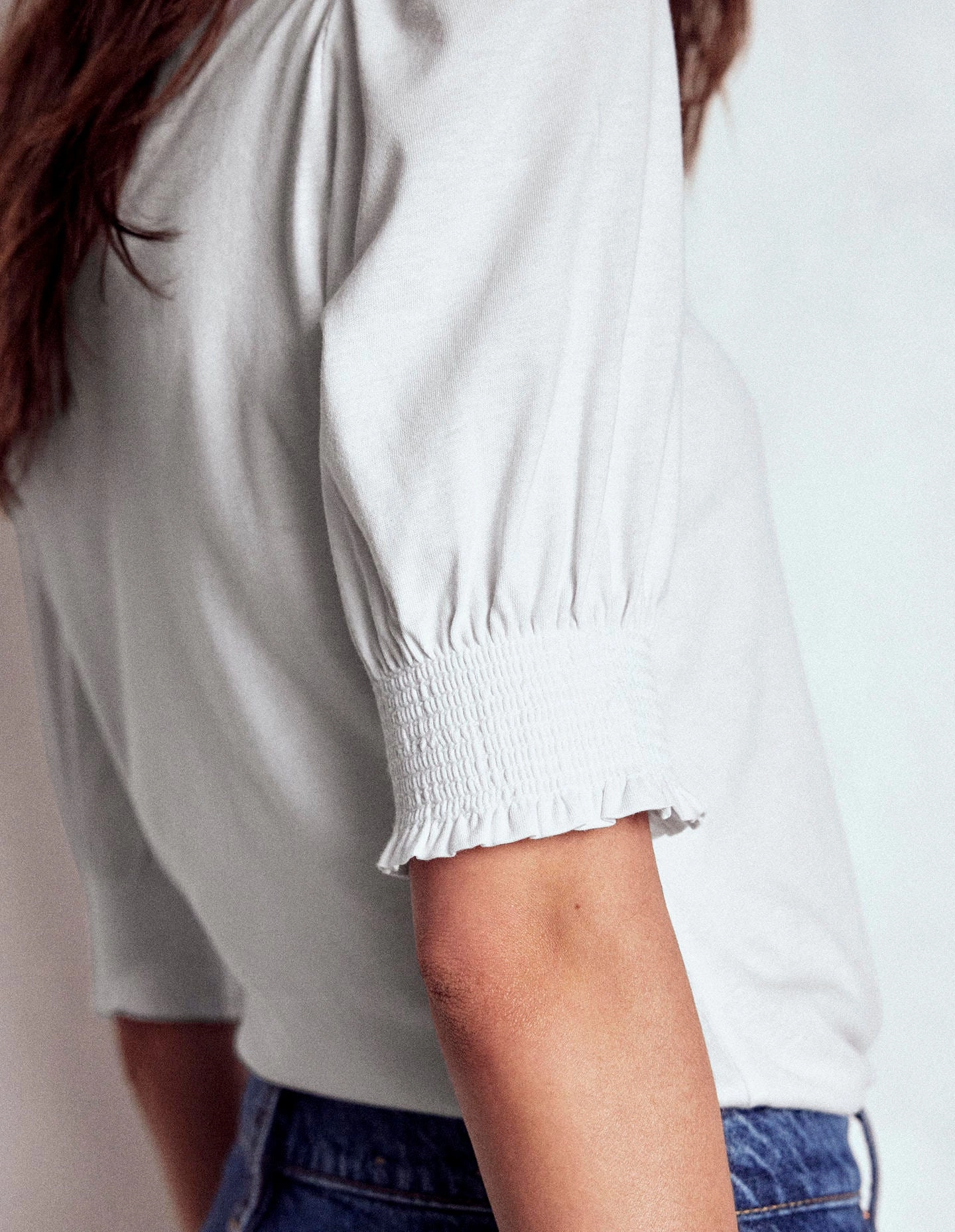 Eco Friendly Material Short Sleeve Smocked Cuff Top-White