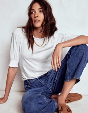 Short Sleeve Smocked Cuff Top-White Airflow Vents