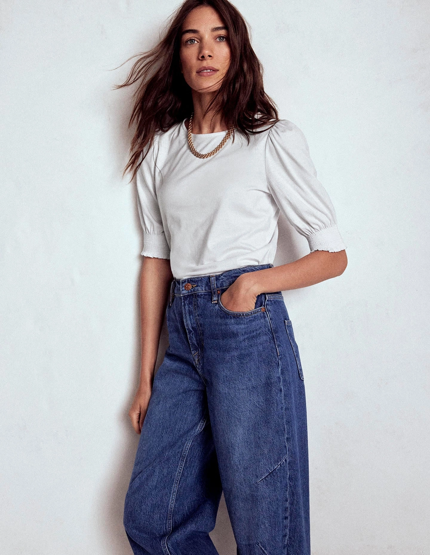 Short Sleeve Smocked Cuff Top-White BiodegradableFabric