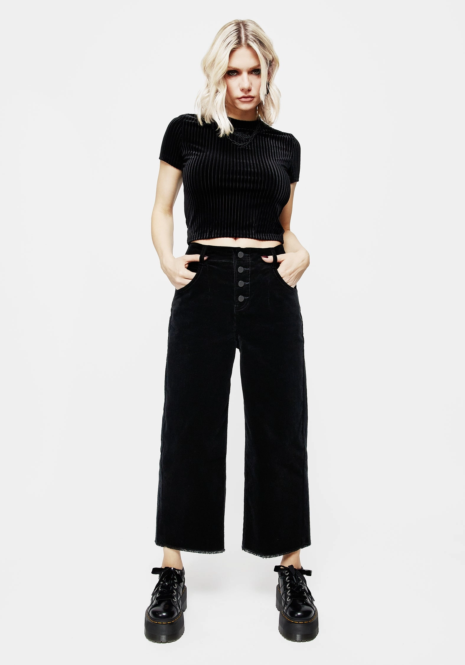 Foster Wide Leg Cord Crop Jeans - Black Body Friendly Light Stretch