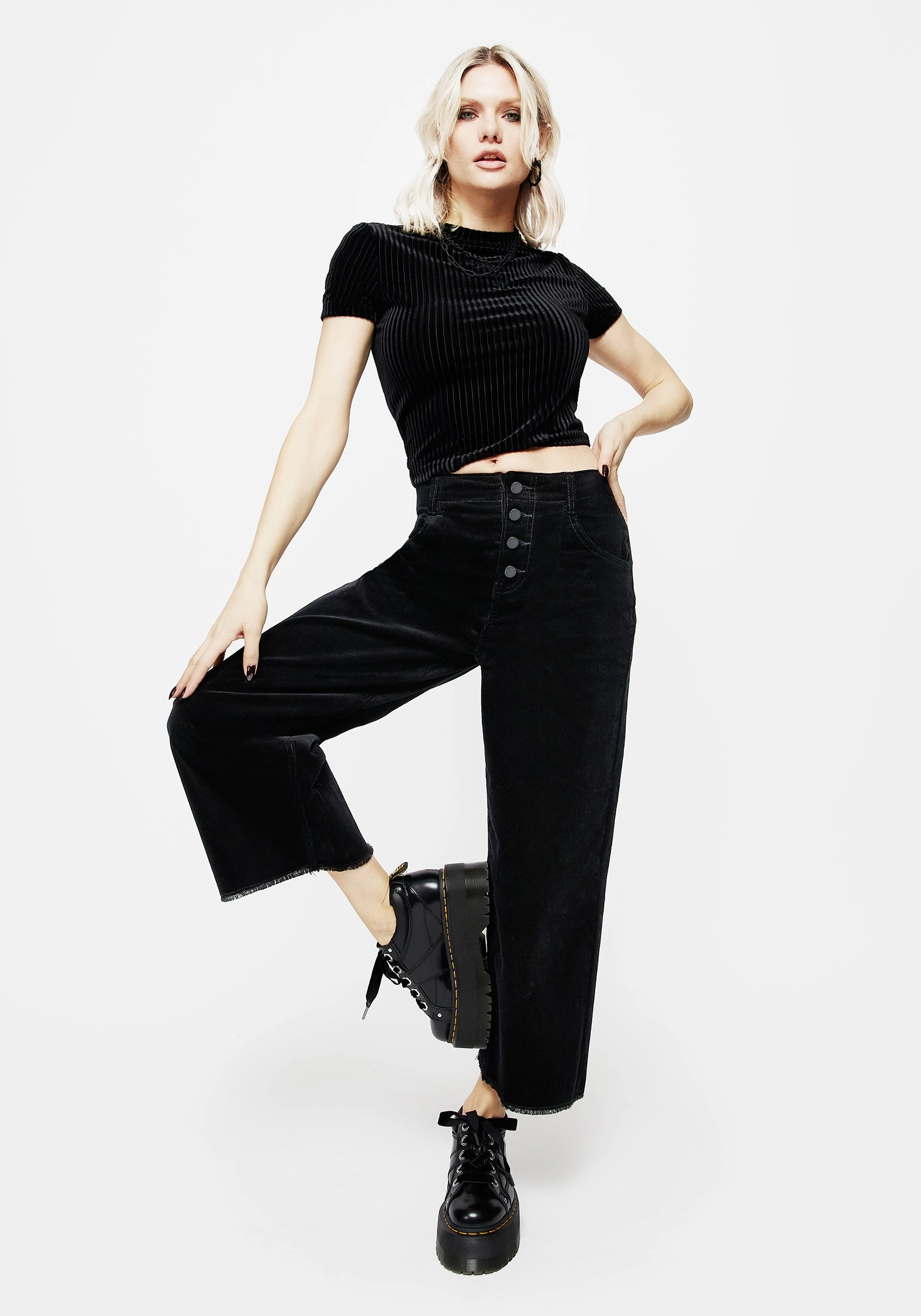 Erasable Logo Patch Foster Wide Leg Cord Crop Jeans - Black