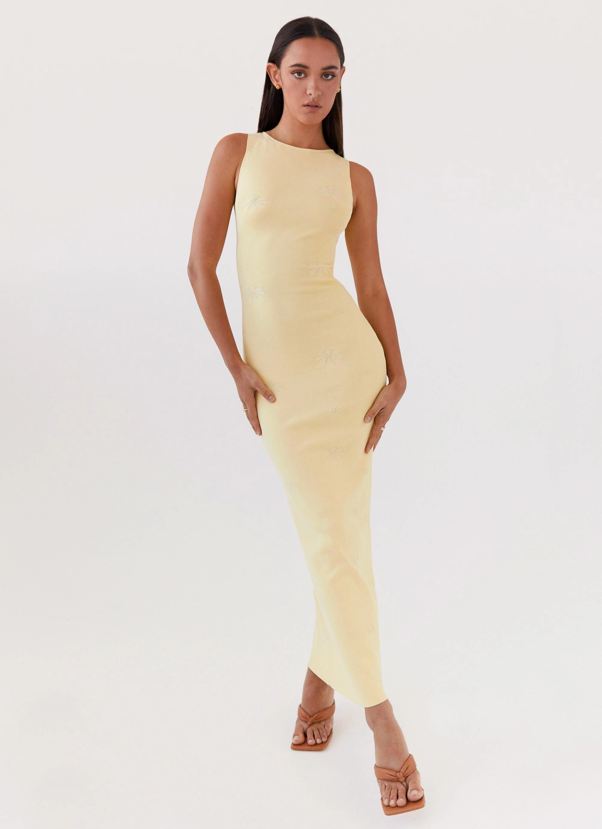 Modest Cut Side-Zip Holly Knit Maxi Dress - Yellow
