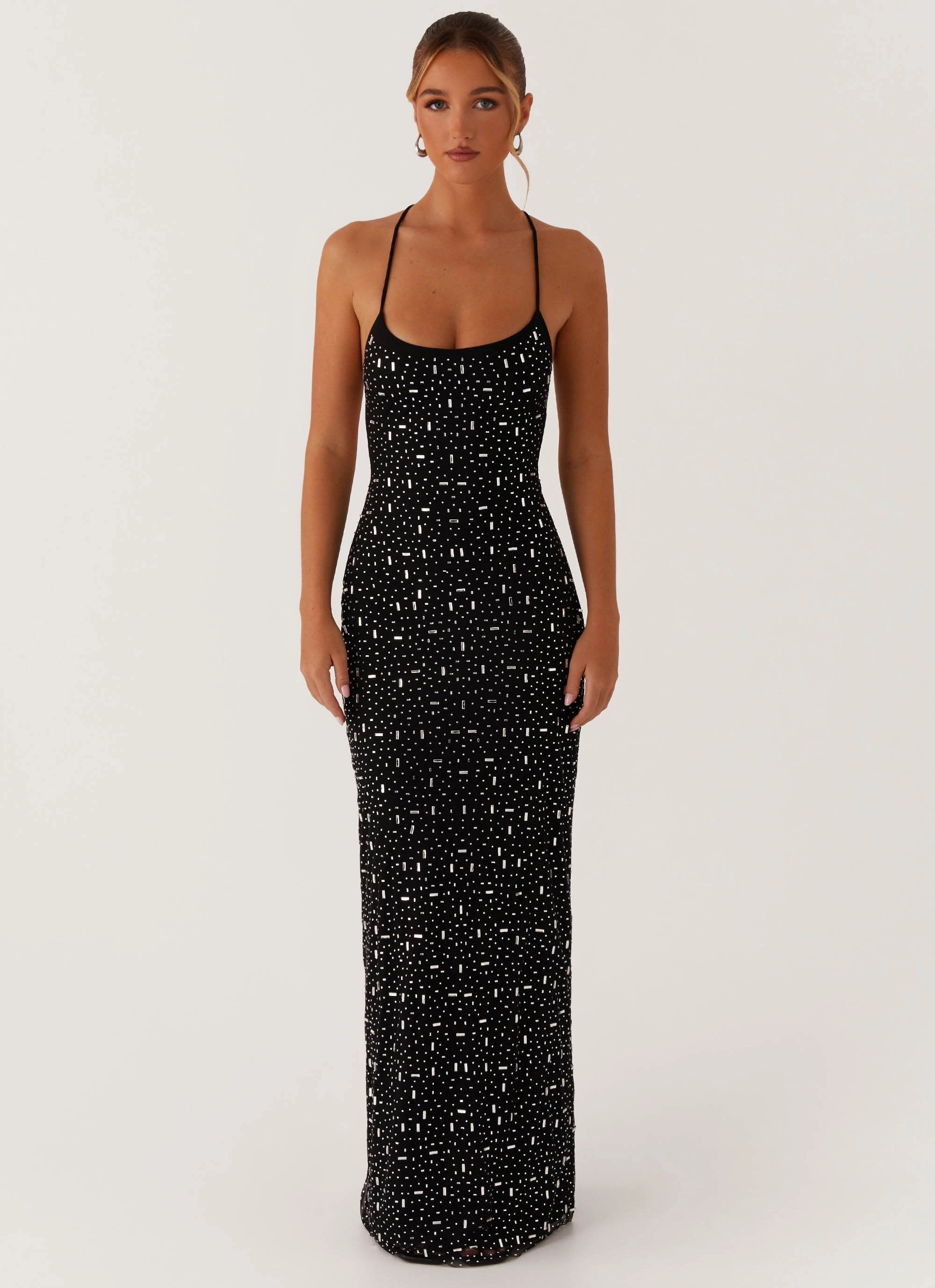 Soft Tone Cressida Rhinestone Mesh Maxi Dress - Black