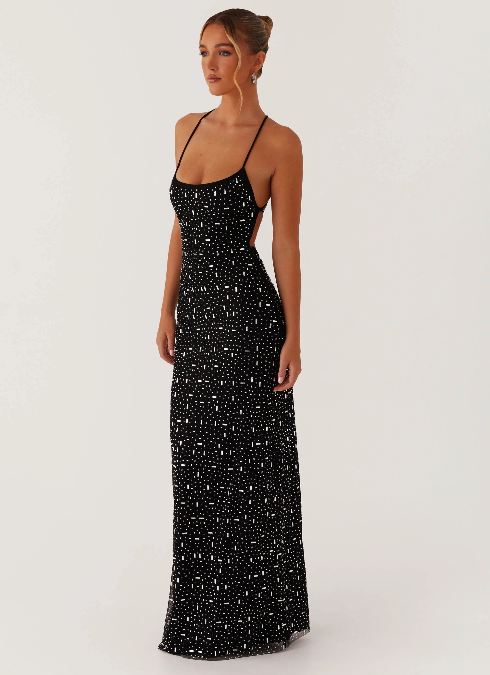 Cressida Rhinestone Mesh Maxi Dress - Black Comfortable Waist Design Fit Minimal Tone