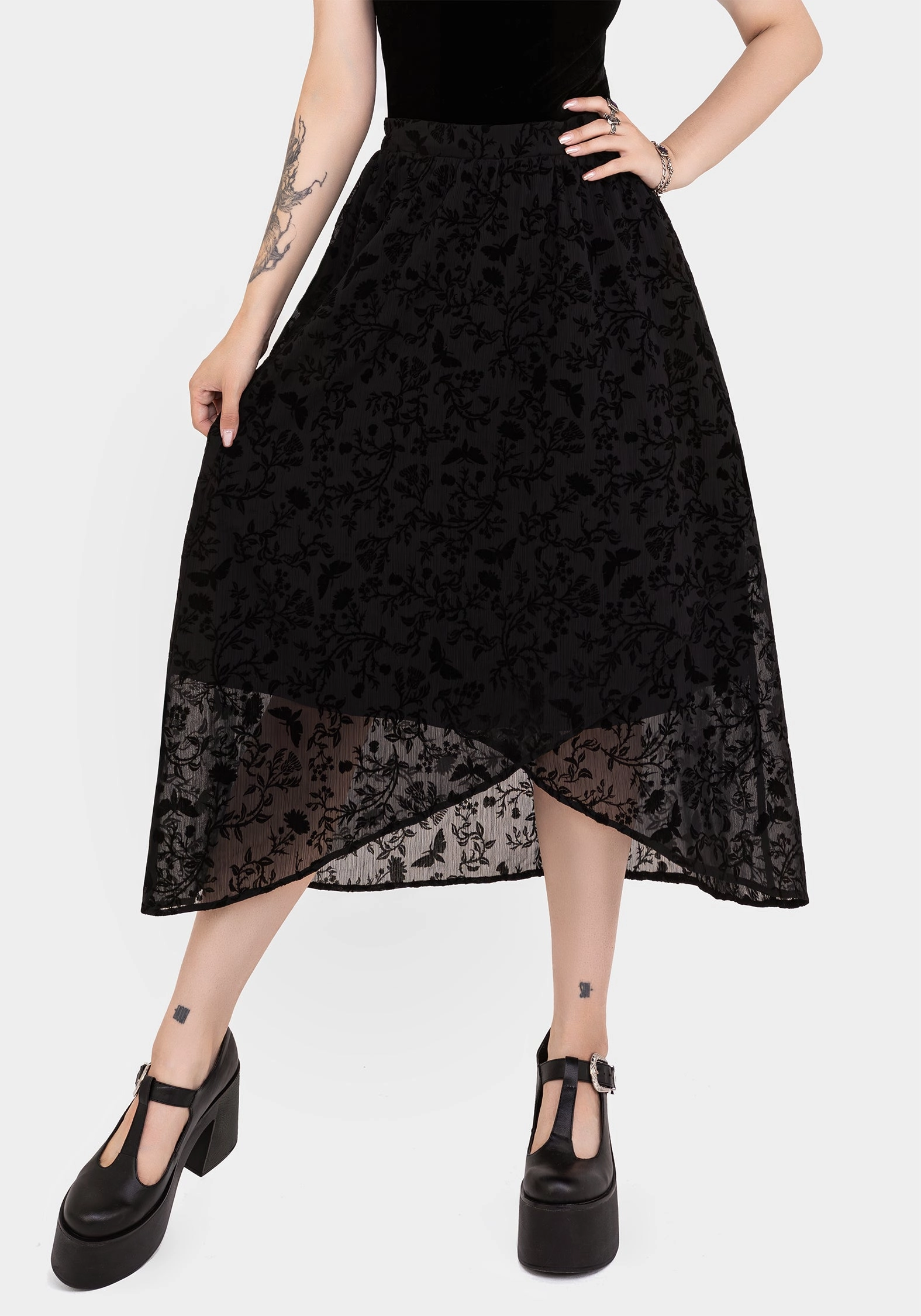 Fashion Style All Day Look Faustina Flocked Chiffon Mock Wrap Midaxi Skirt