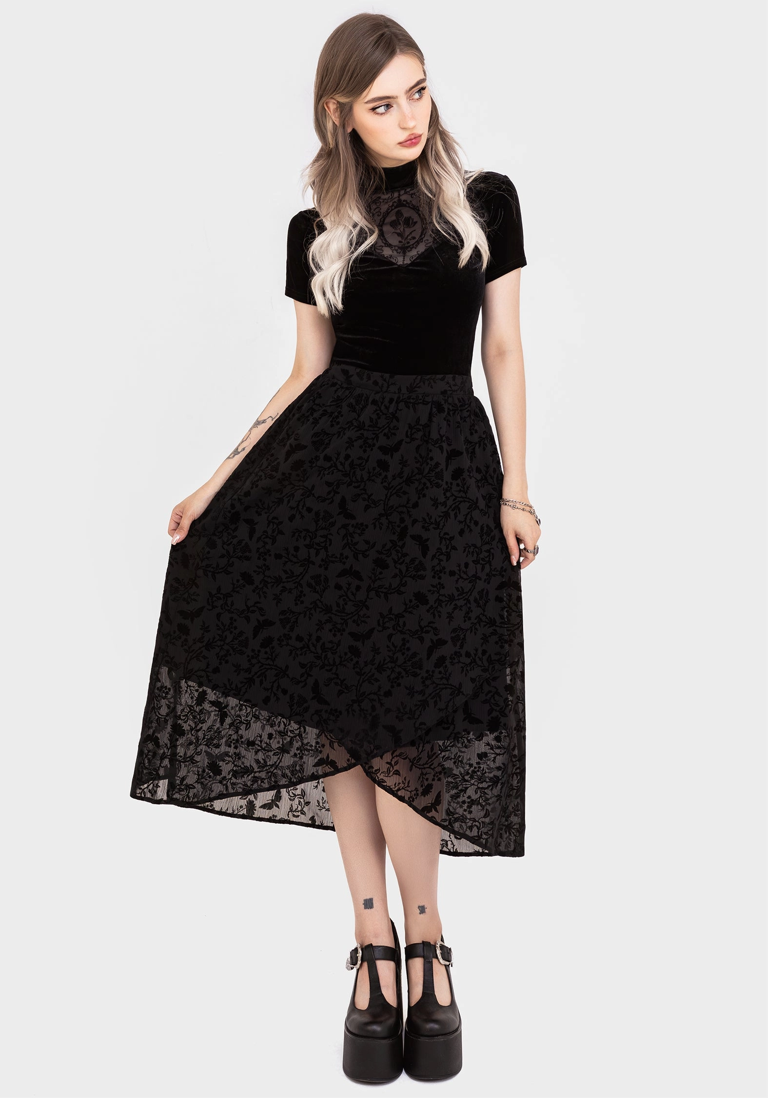 Faustina Flocked Chiffon Mock Wrap Midaxi Skirt Cozy Vibes