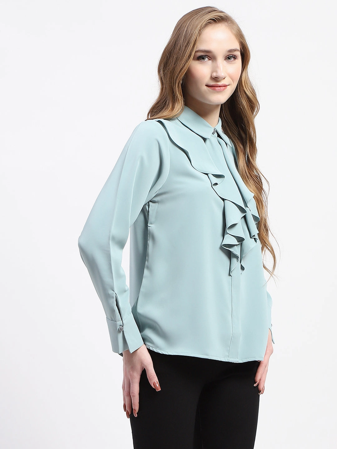 Madame Ruffle Collar Solid Grey Shirt Travel-friendly