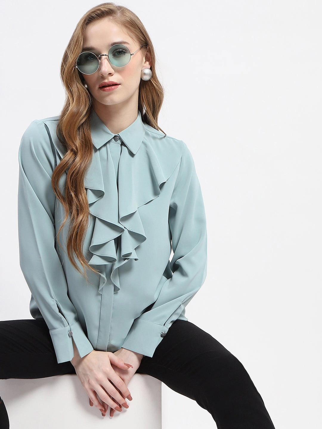 Minimalist fashion Military Inspired Madame Ruffle Collar Solid Grey Shirt