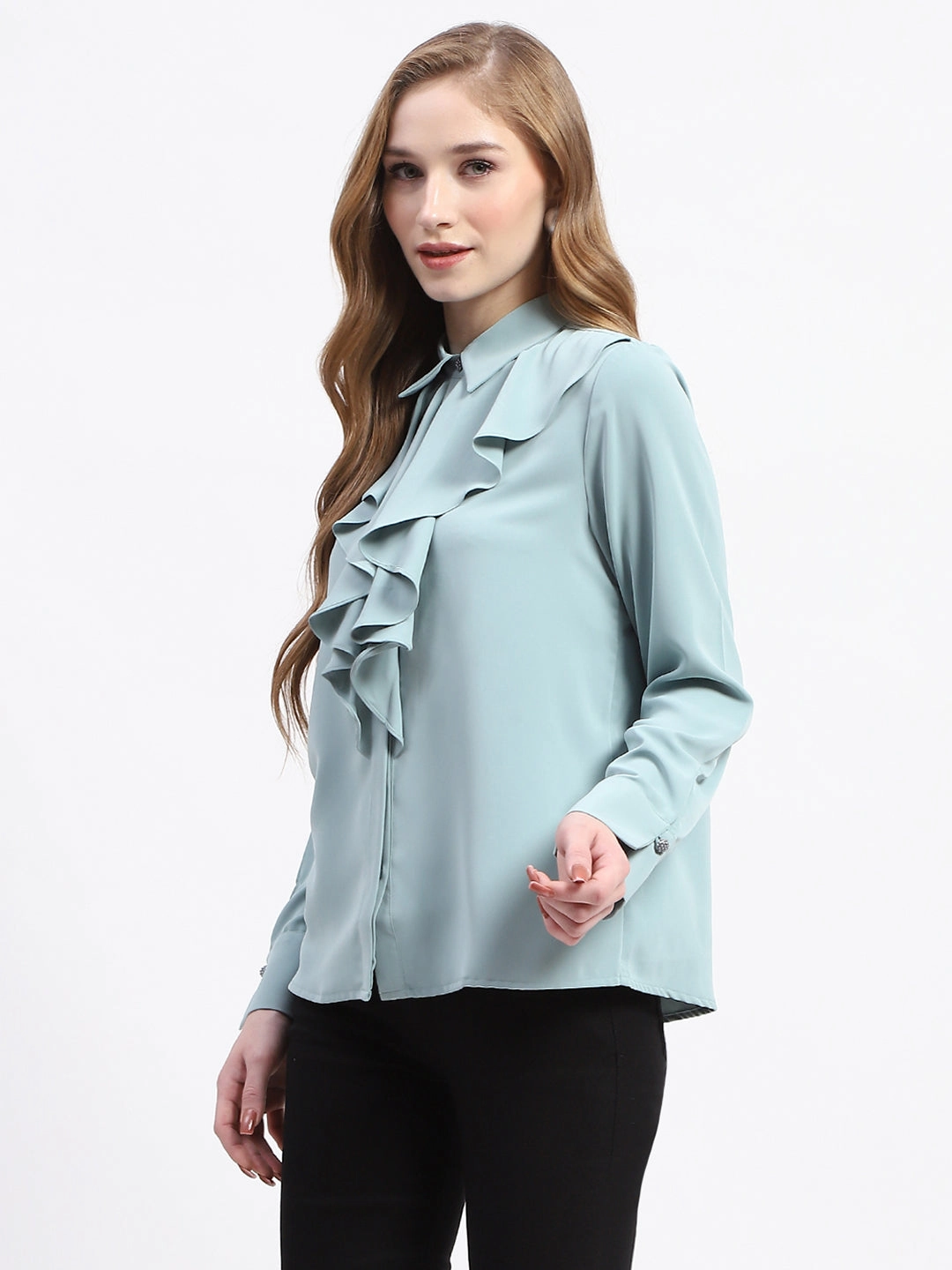 Madame Ruffle Collar Solid Grey Shirt Vibrant Hue Polished Style
