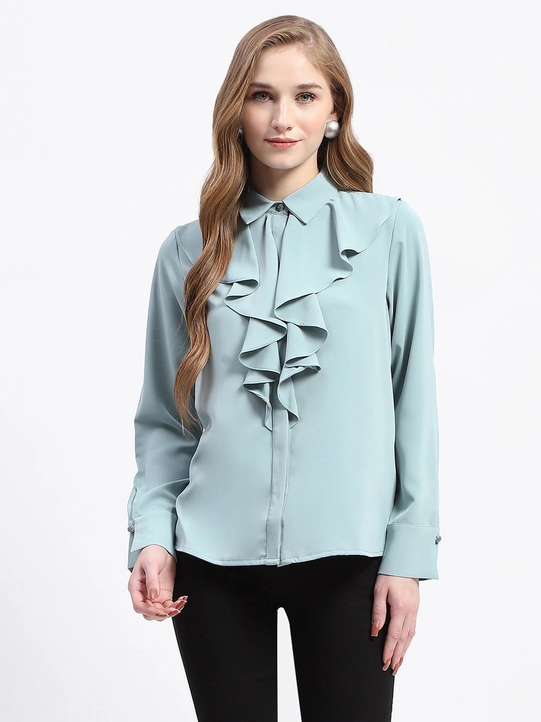 Fitted Silhouette Non Iron Madame Ruffle Collar Solid Grey Shirt