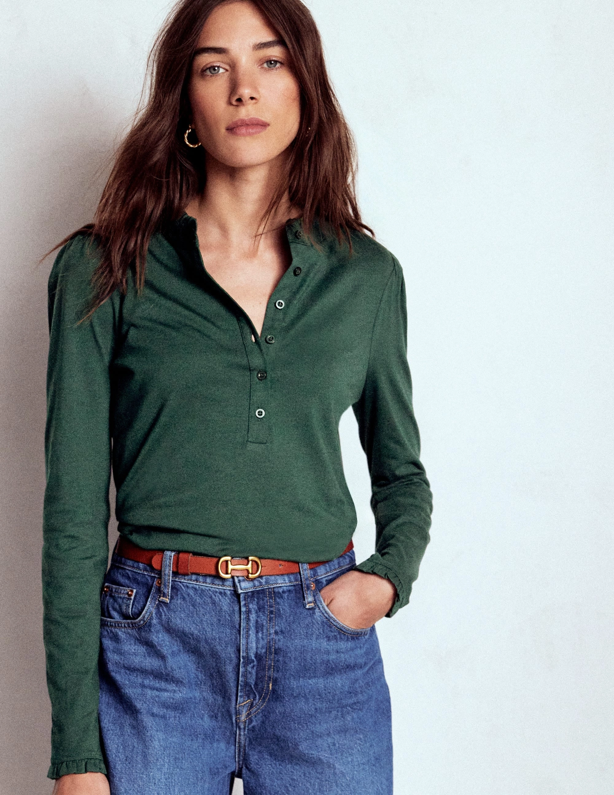 Supersoft Frill Henley Top-Green Pine Airflow Ventilation