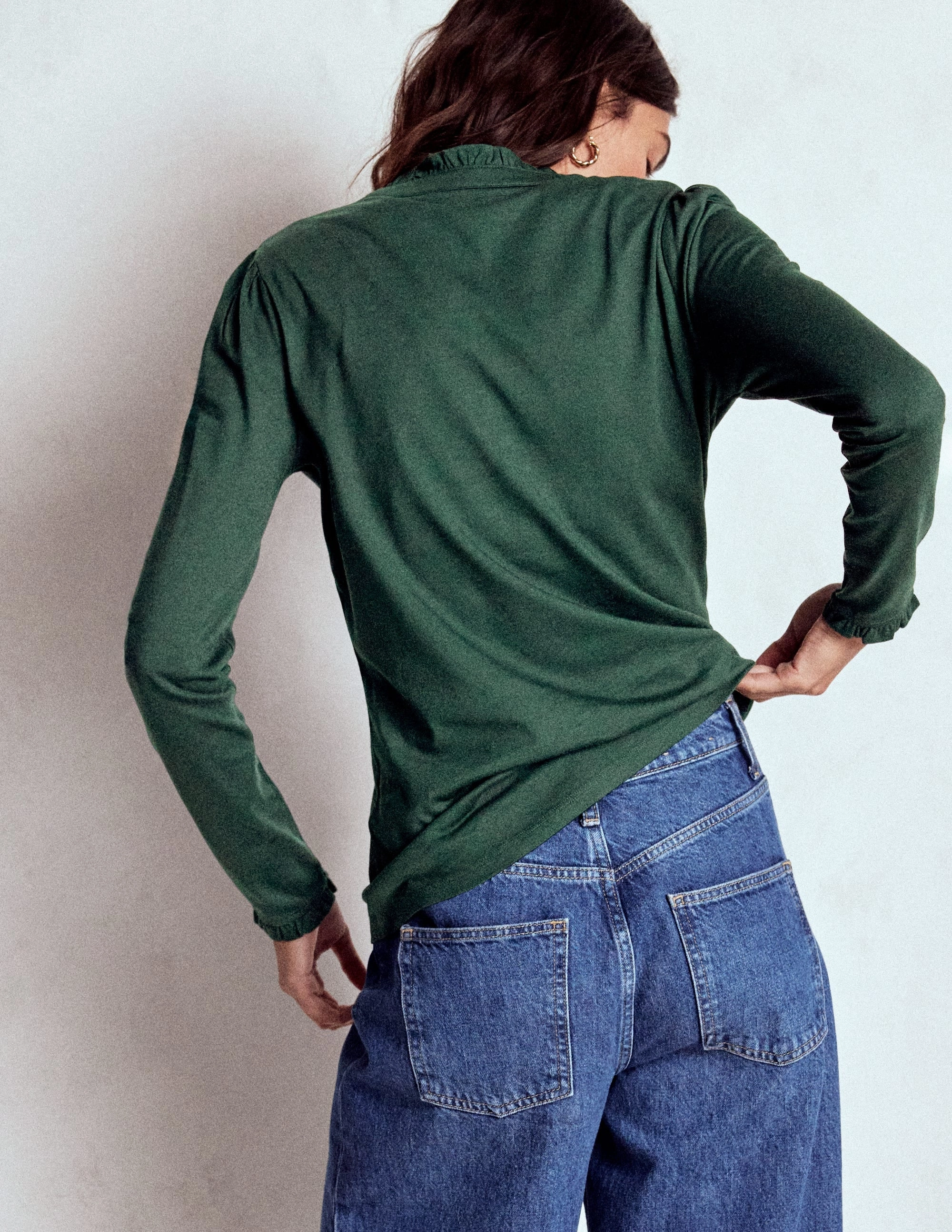 UPF Protective Fabric NonChafing Fabric Supersoft Frill Henley Top-Green Pine