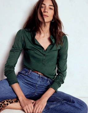 Sustainable Fabric Blend Supersoft Frill Henley Top-Green Pine