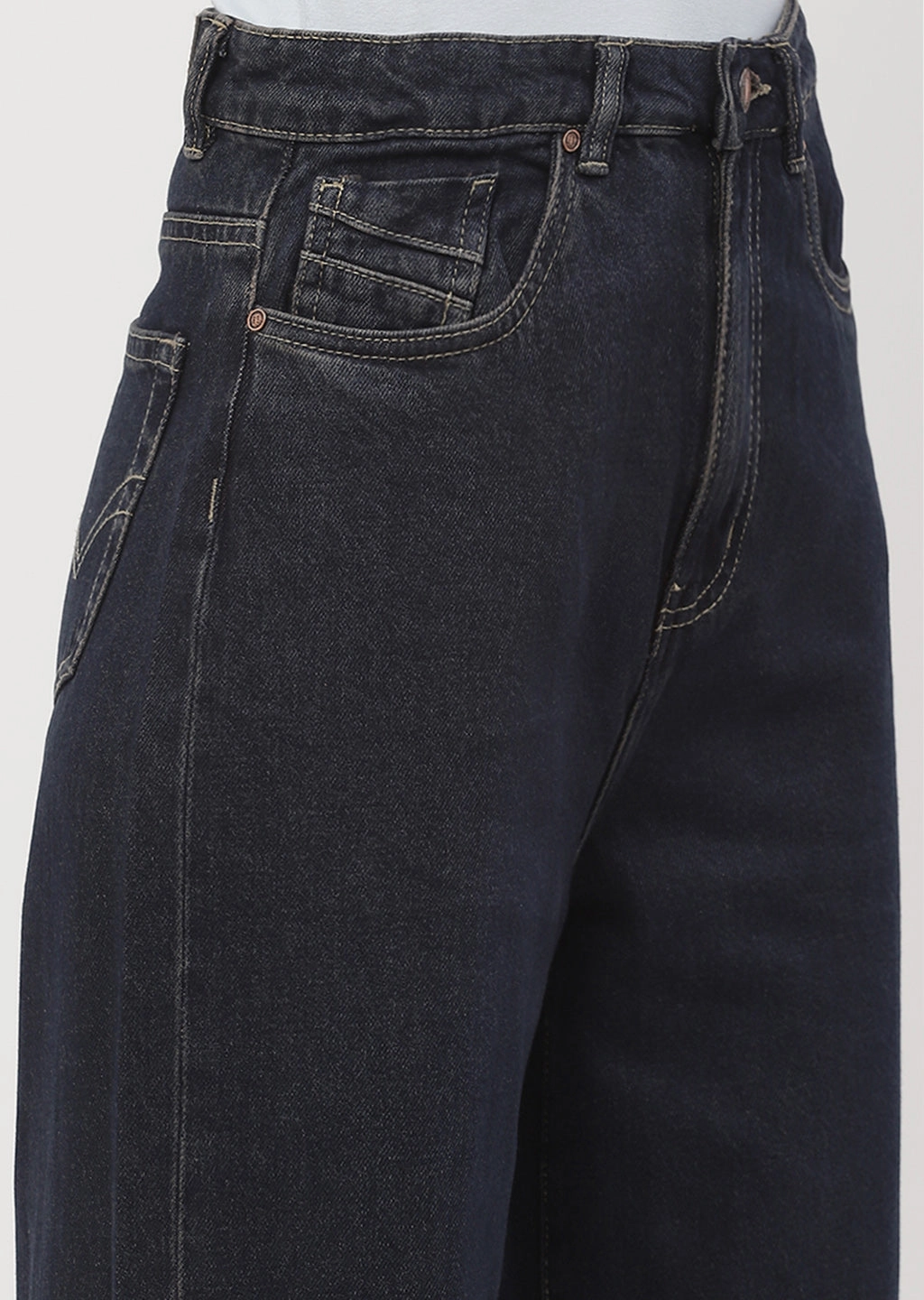 Straight Cut Comfortable Waistband Madame High Rise Carbon Blue Wide Leg Jeans