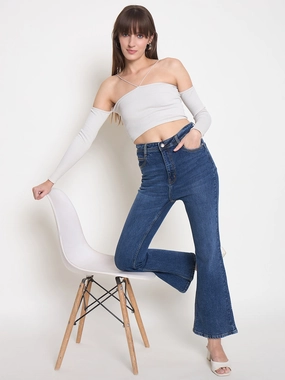 Madame Stone Wash Dark Blue Whiskered Flared Denim Jeans Breathable fabric technology Smooth Road Trip