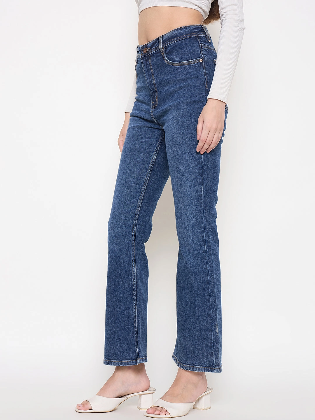 Luxury Textured Selvedge Detailing Madame Stone Wash Dark Blue Whiskered Flared Denim Jeans