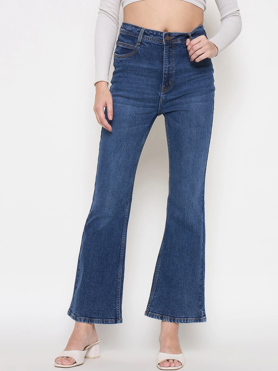 Durable Eco Friendly Madame Stone Wash Dark Blue Whiskered Flared Denim Jeans