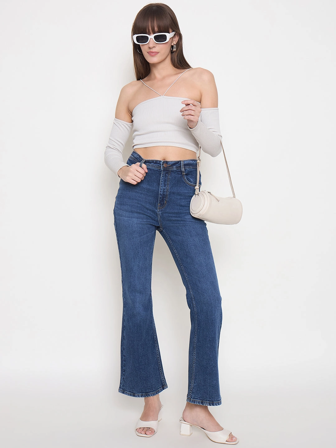 Madame Stone Wash Dark Blue Whiskered Flared Denim Jeans Breathable Classic Wear Eco Friendly
