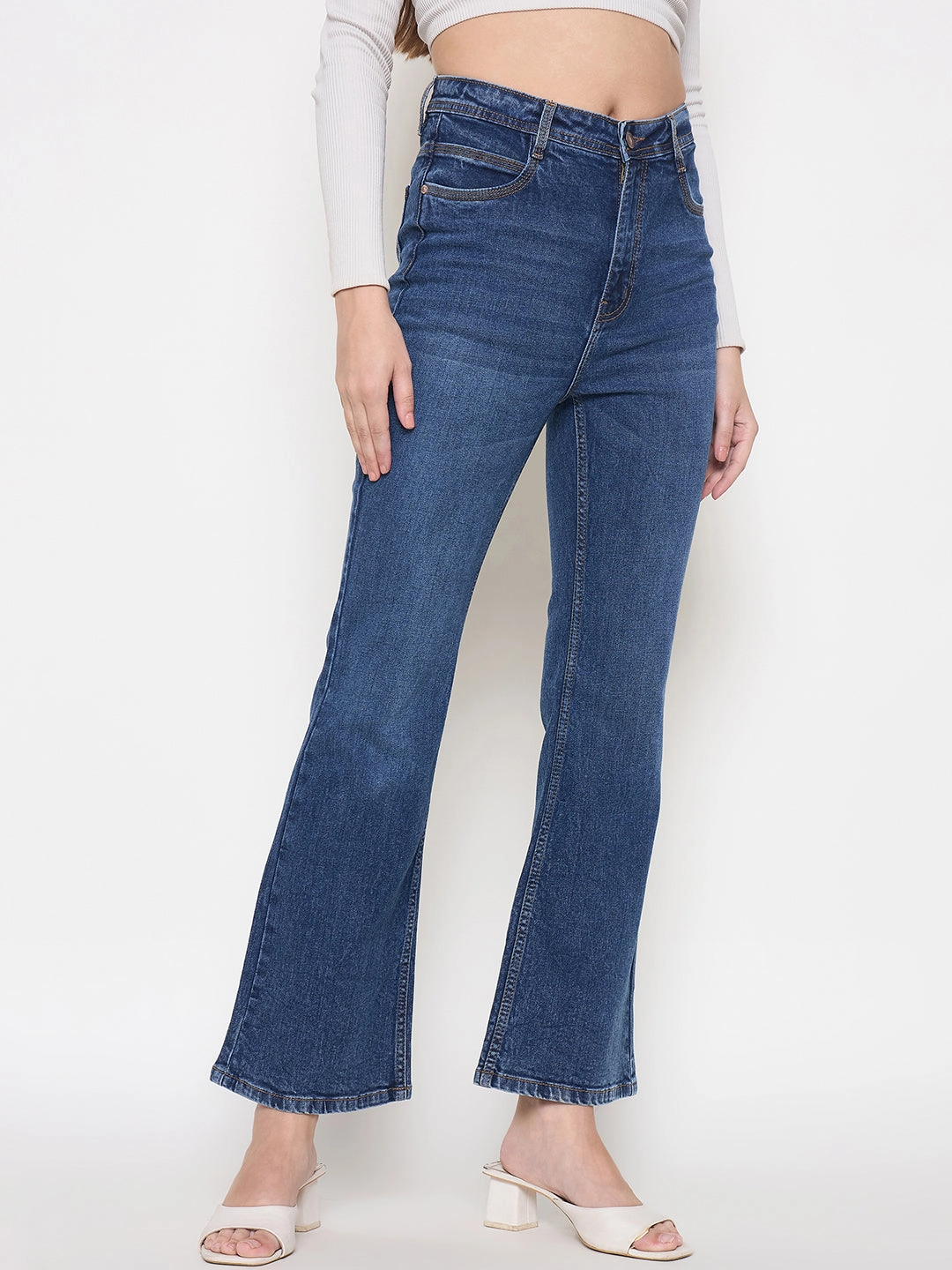 Softened Lining Comfy Choice Madame Stone Wash Dark Blue Whiskered Flared Denim Jeans
