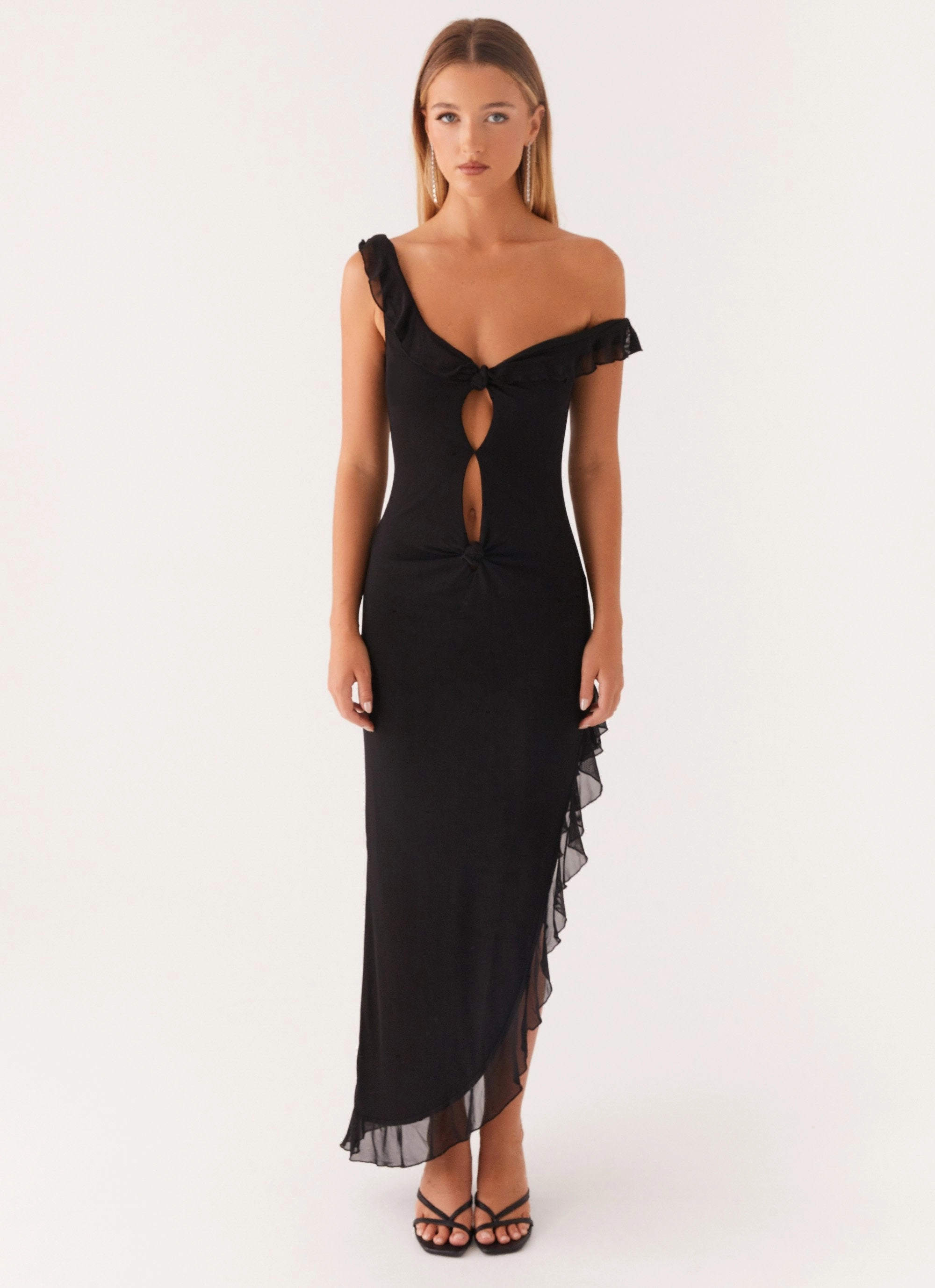 Day To Night Flattering Waist Design Fit Impossible Cut Out Midi Dress - Black