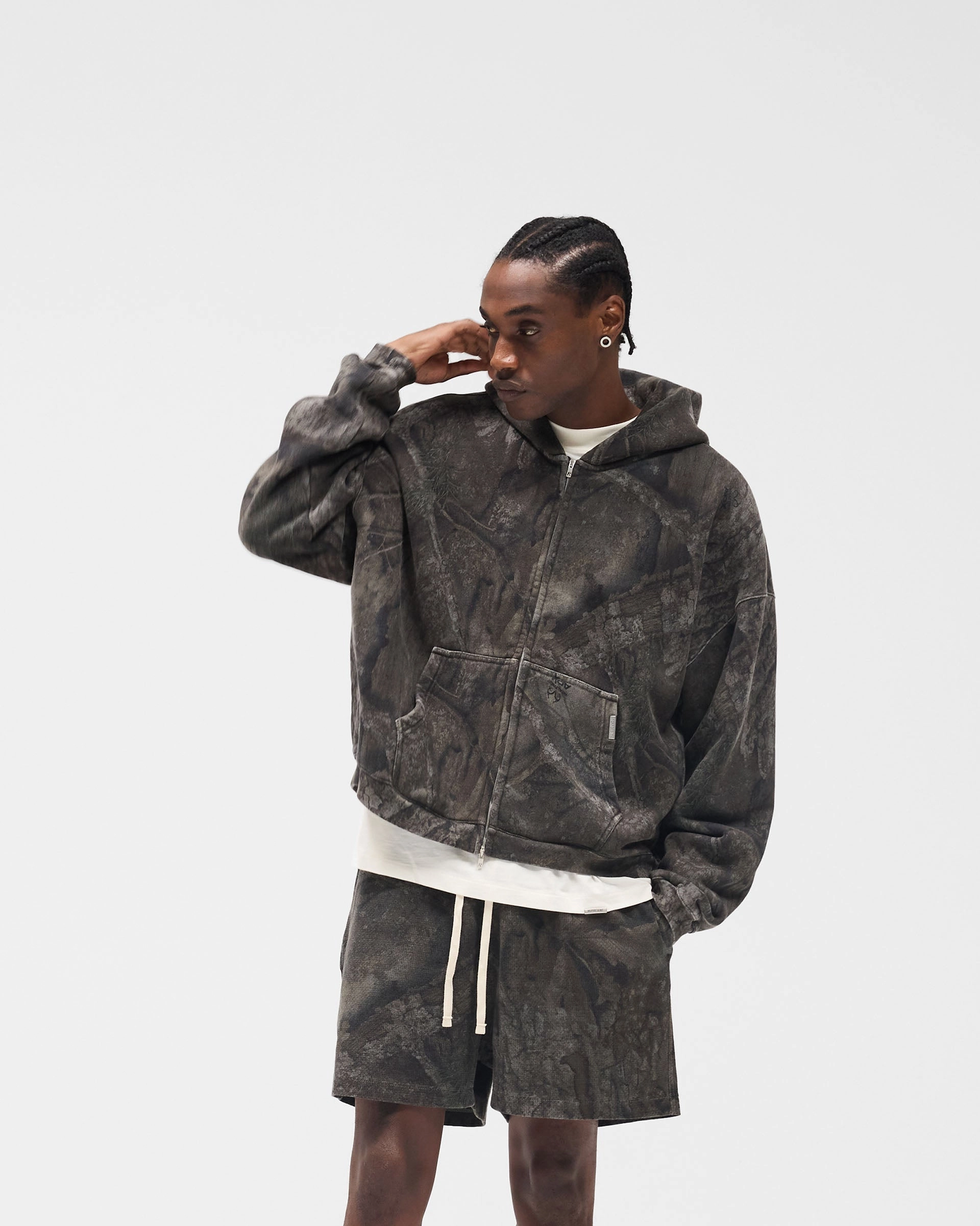 Initial Overdye Realtree? Boxy Zip Through Hoodie - Overdyed Black Fleece Lined