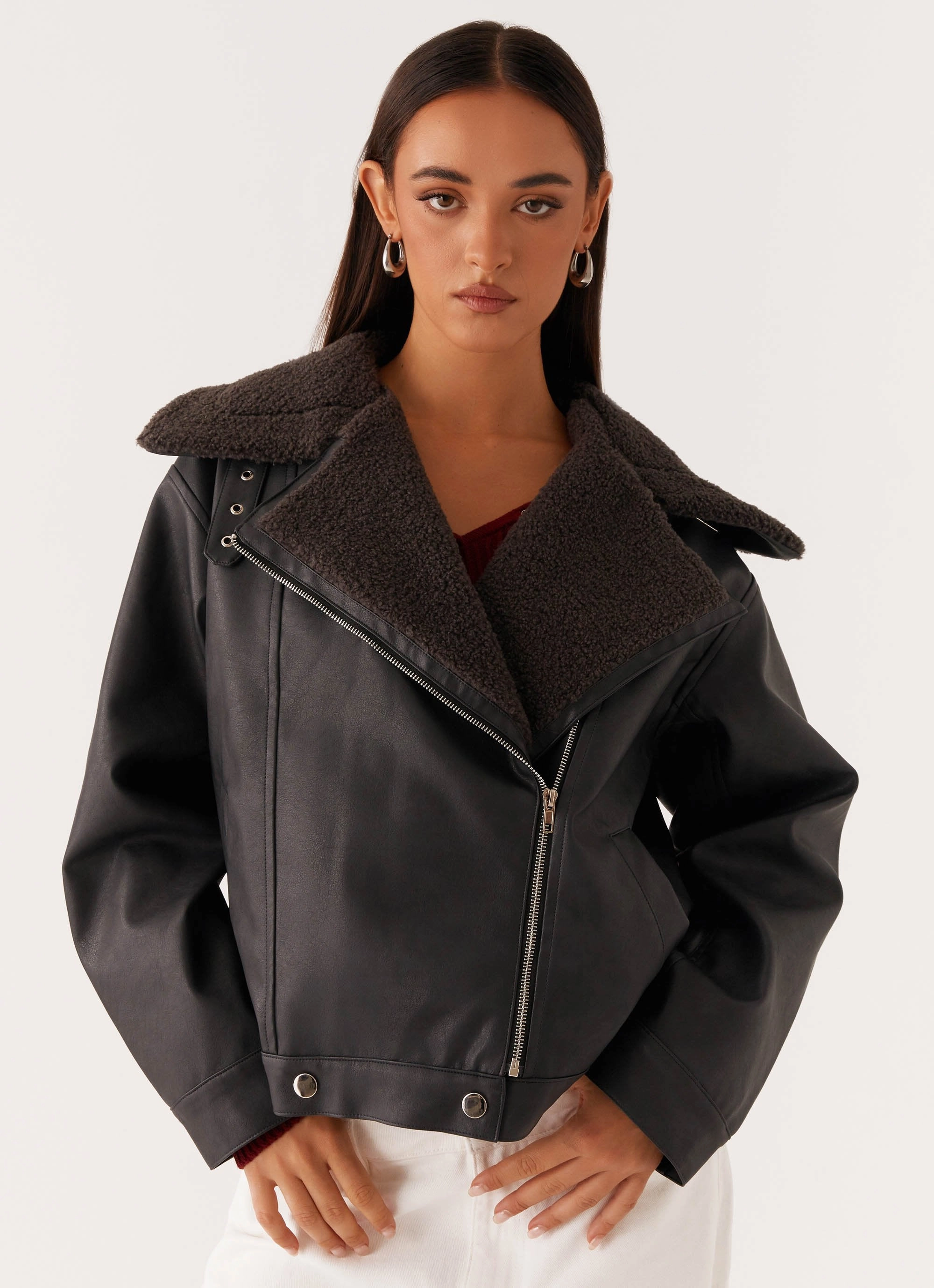 Effortless Layer Warm Essentials Inka PU Leather Shearling Jacket - Charcoal