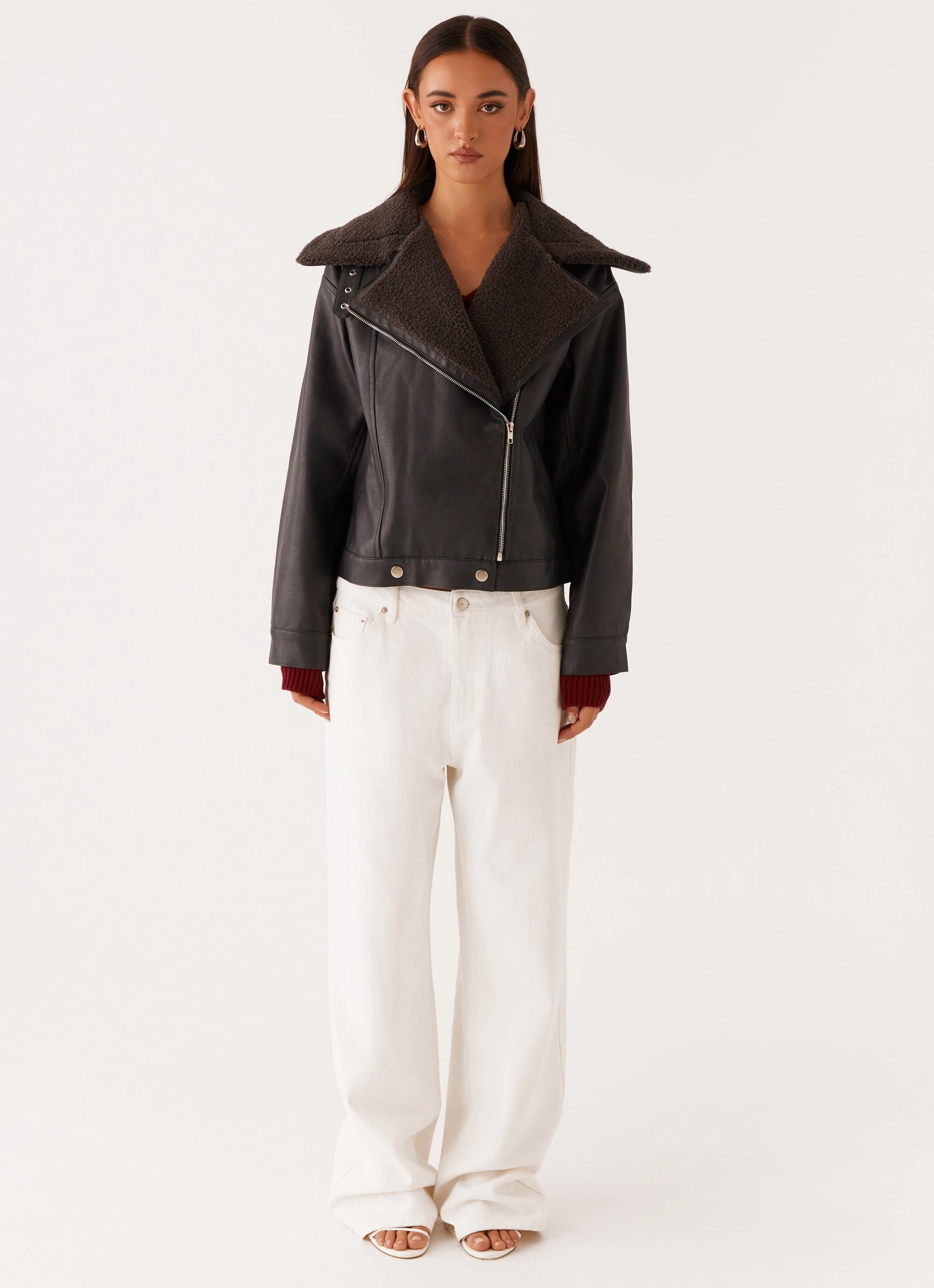 Inka PU Leather Shearling Jacket - Charcoal Minimal Detailing