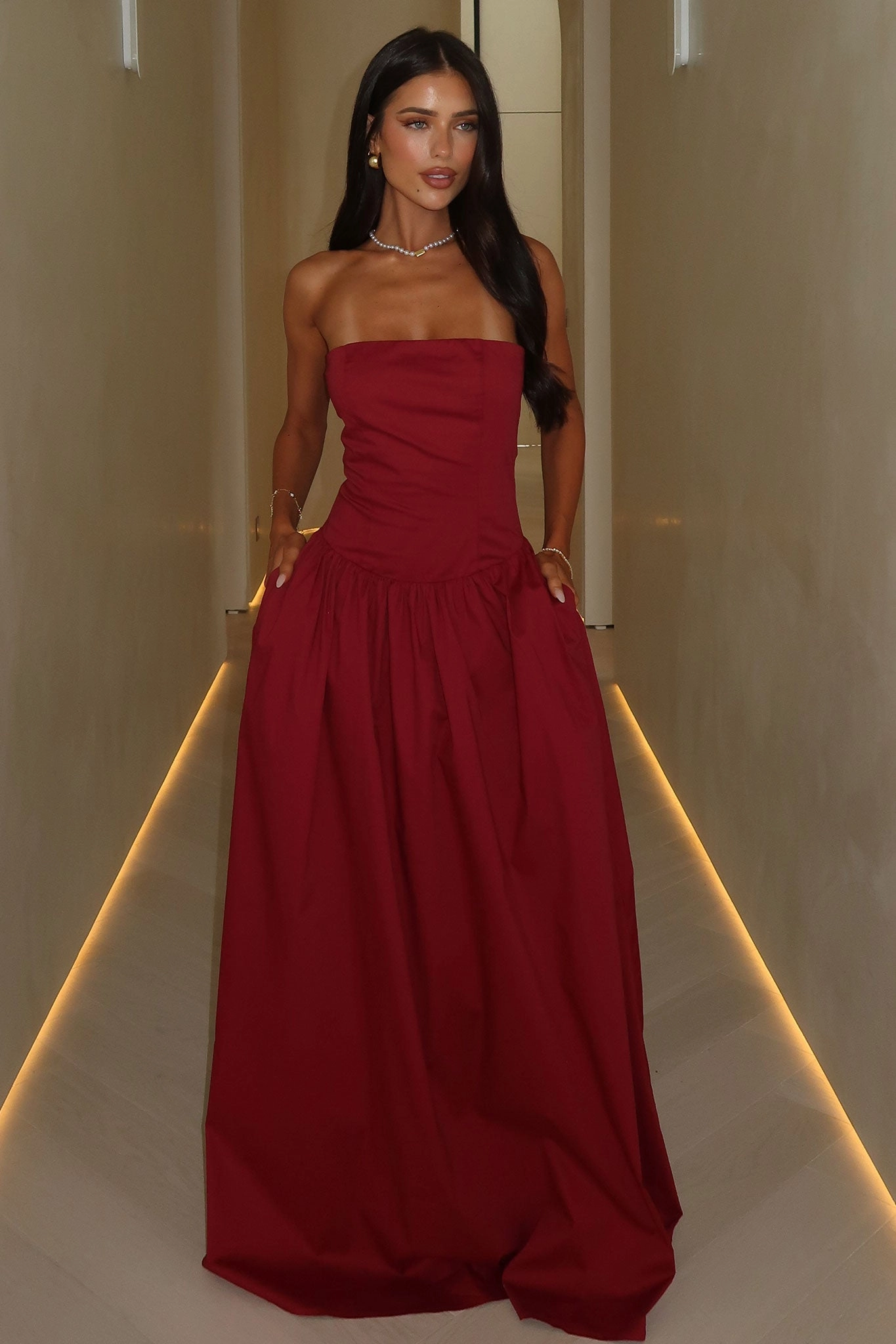 Iridessa Strapless Maxi Dress - Burgundy Soft Layers Jewel Accent