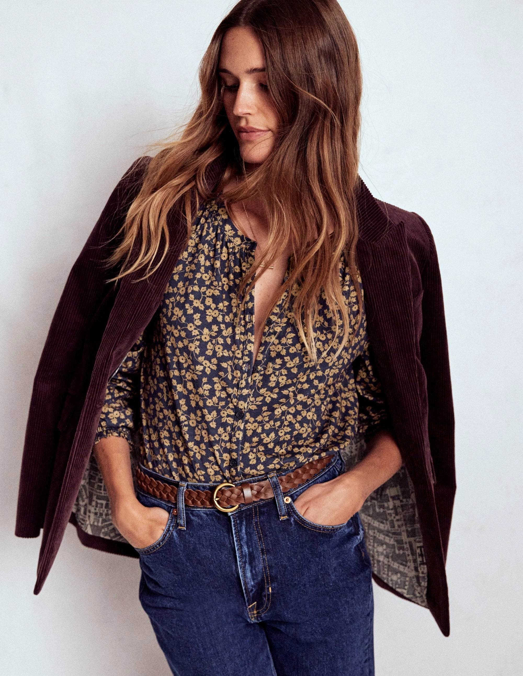 Contrast Topstitching Detail AdjustableClosure Isla Long Sleeve Jersey Shirt-Hazelnut Brown, Delicate Vine