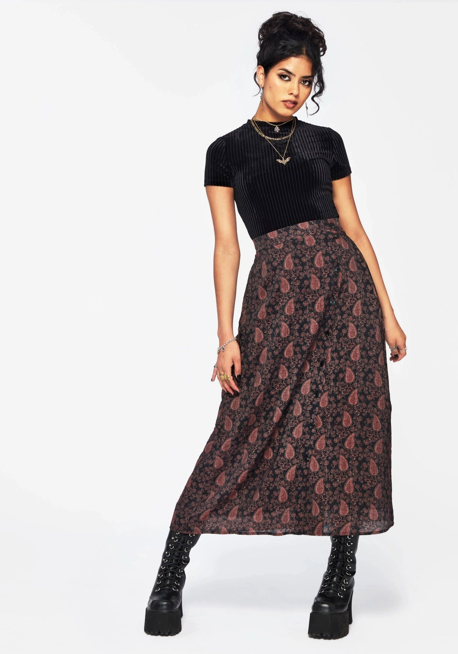 Smart Look Essential Style Isola Paisley Print Asymmetric Button Up Midaxi Skirt
