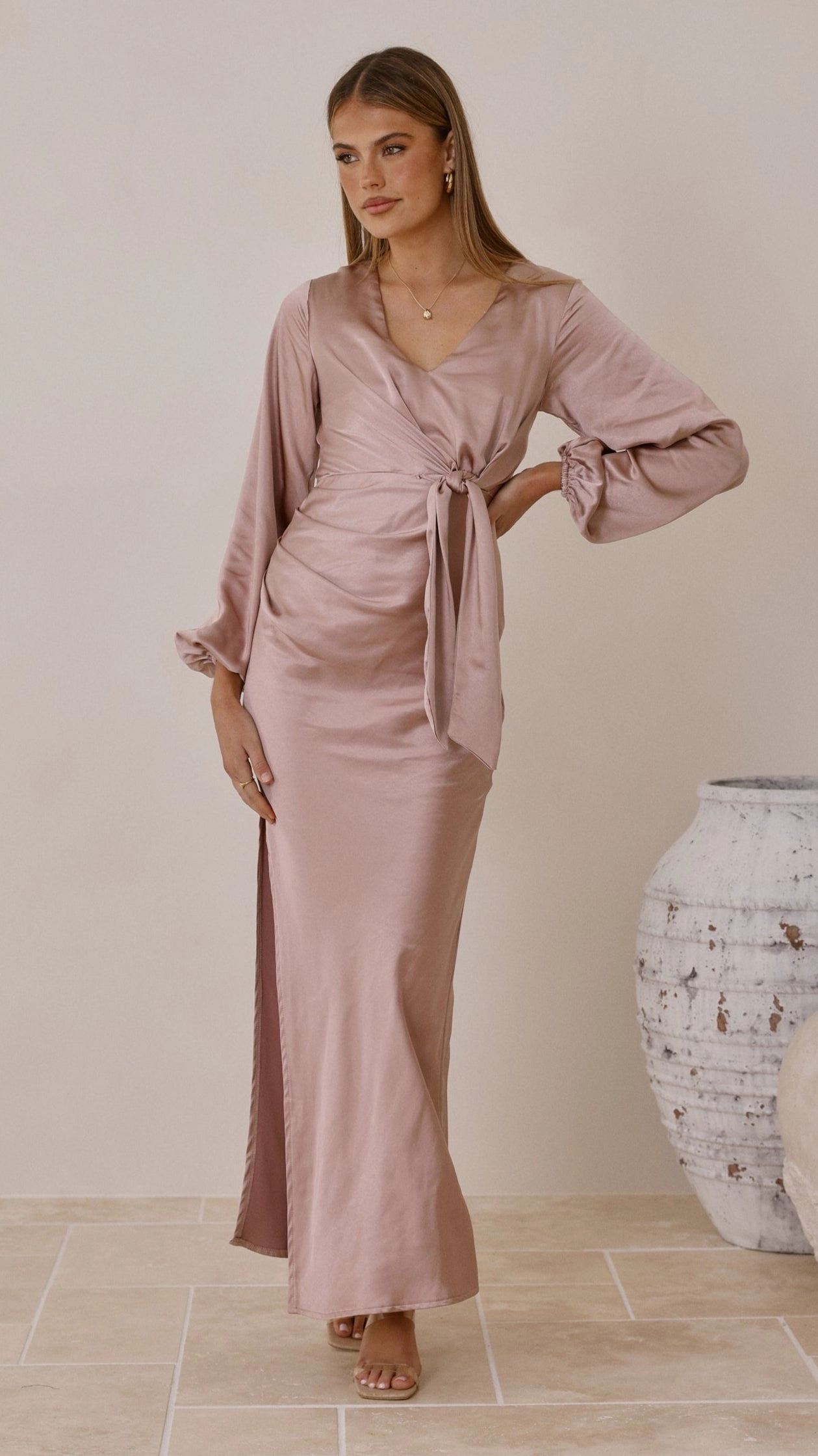 Ivy Long Sleeve Tie Front Maxi Dress - Dusty Pink Fresh Texture