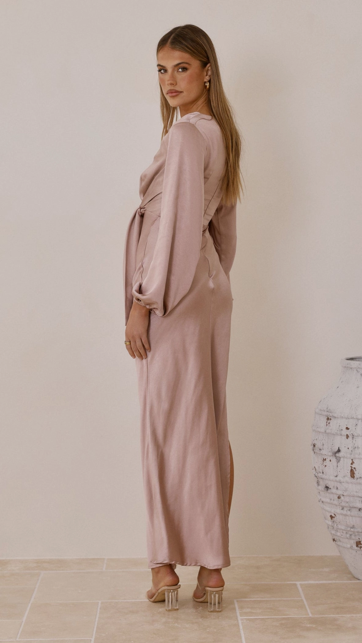 All-Occasion Wear Ivy Long Sleeve Tie Front Maxi Dress - Dusty Pink