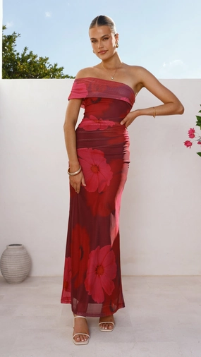 Jelani Maxi Dress - Red Floral Unlined Look Layered Fabric